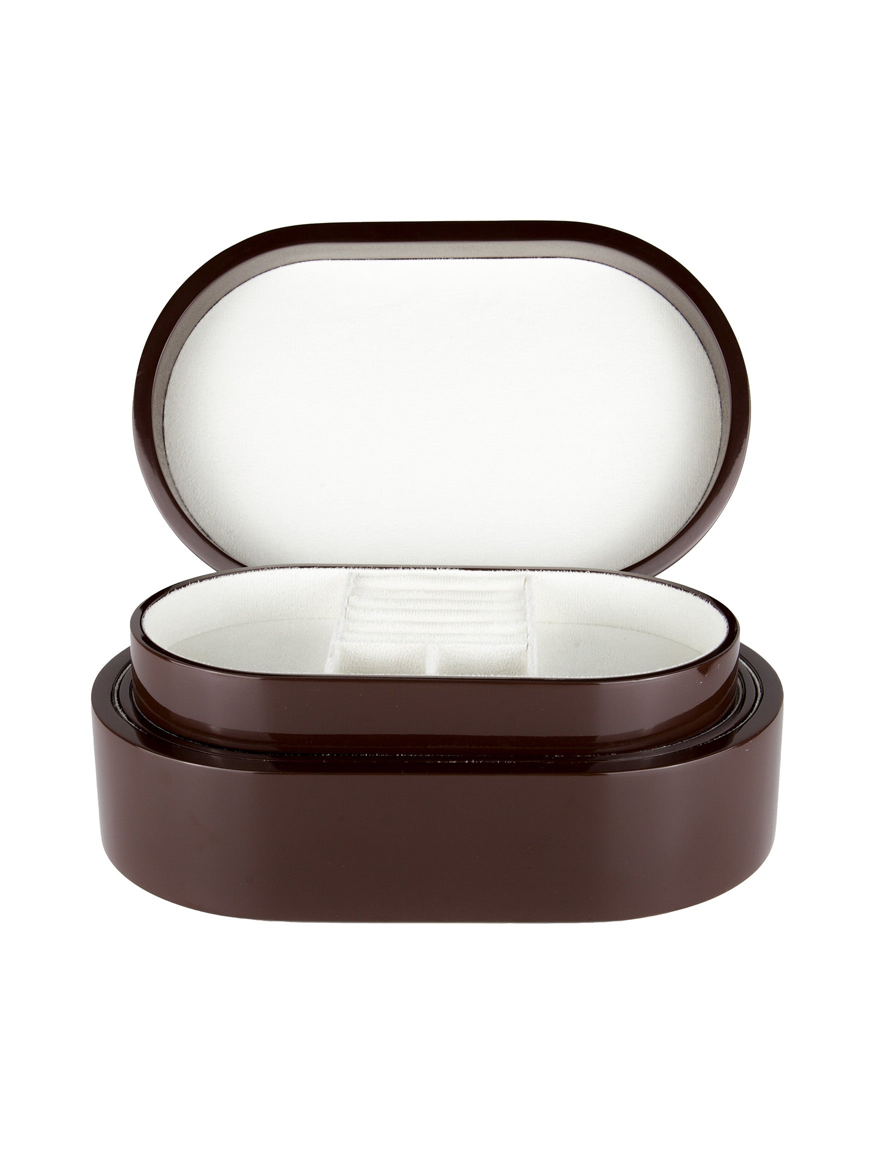 Brunt smyckeskrin från misou som är öppet