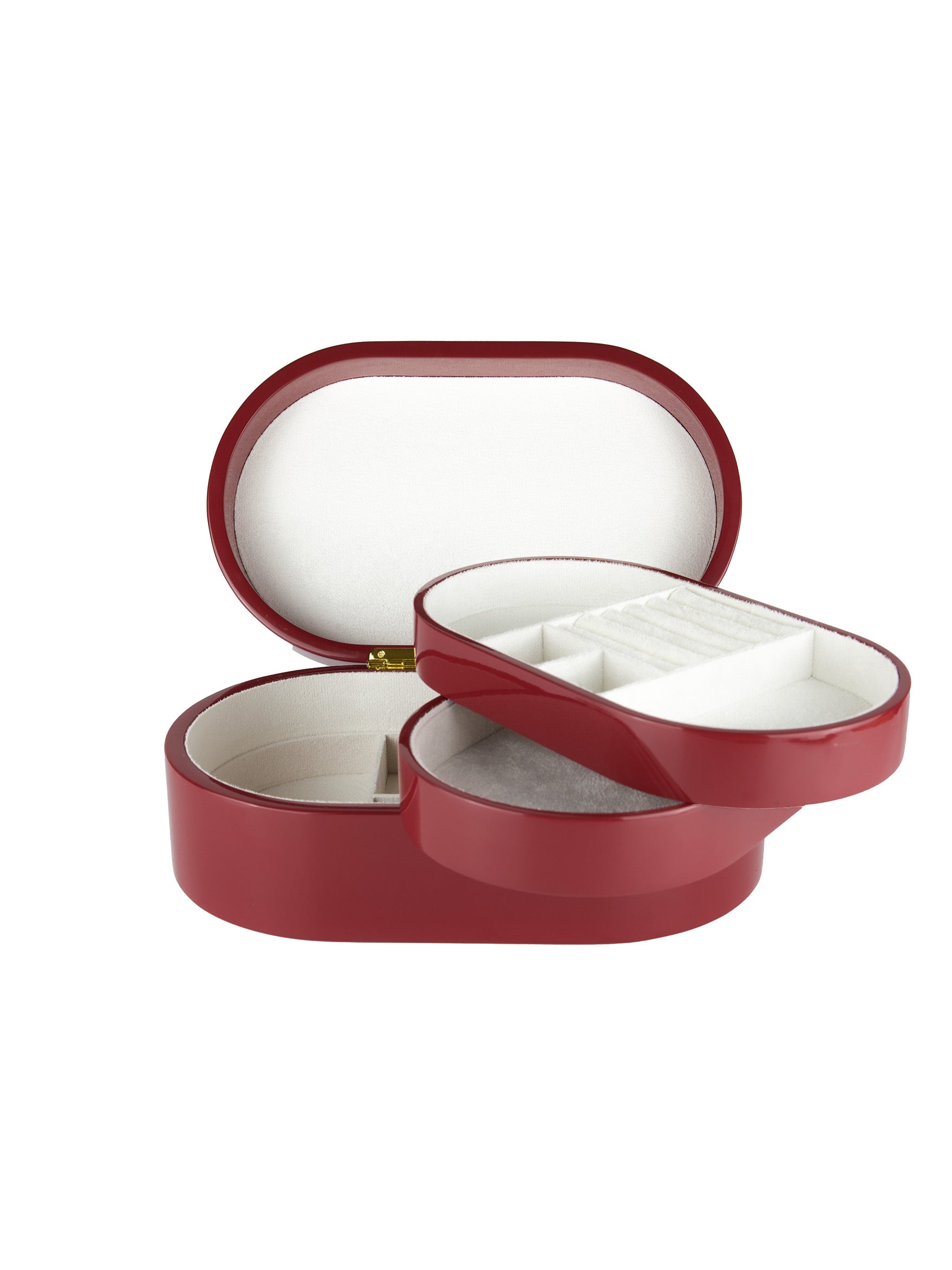 Rött smyckeskrin från misou som är öppet med brickor