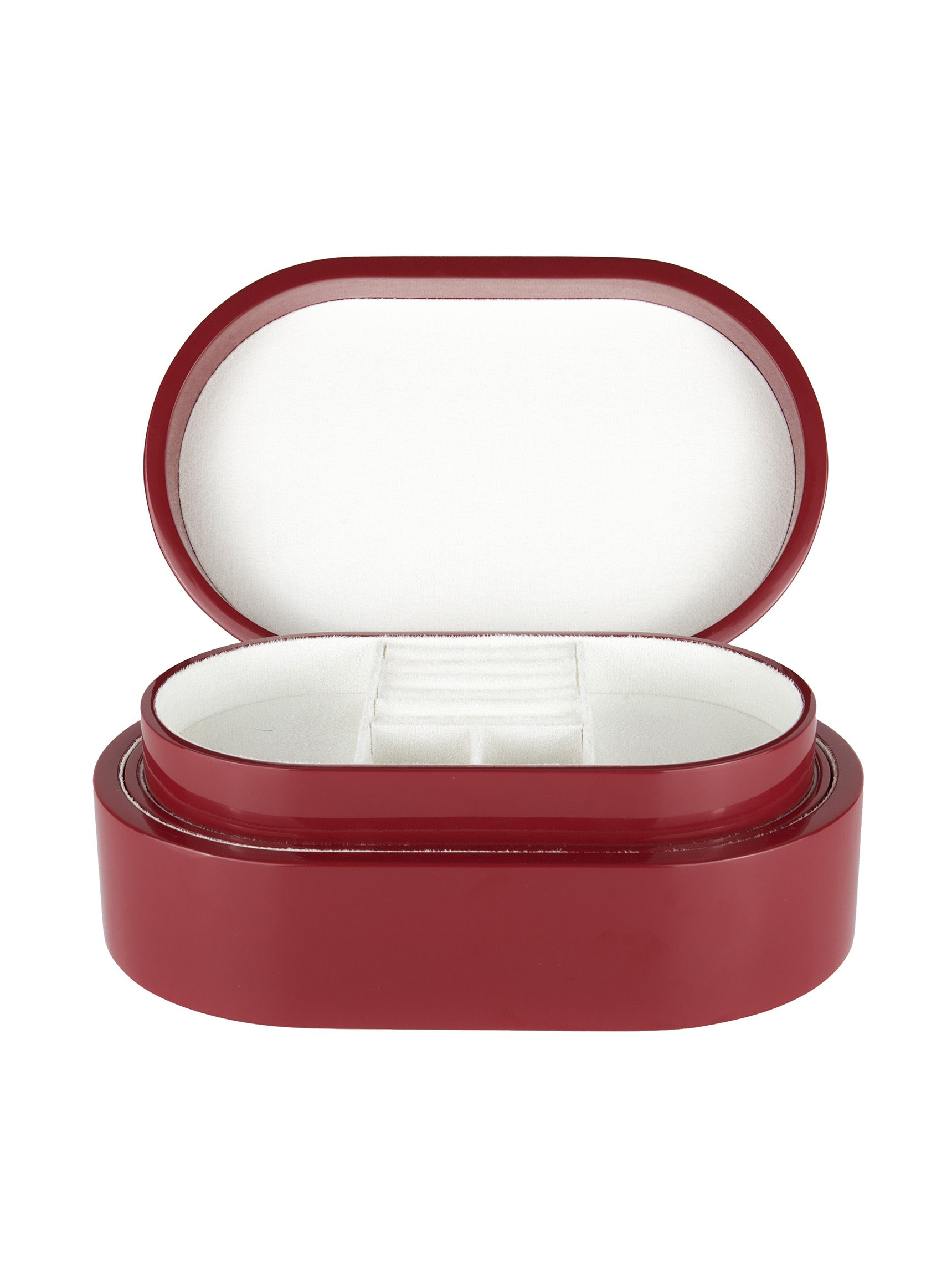 Rött smyckeskrin från misou som är öppet