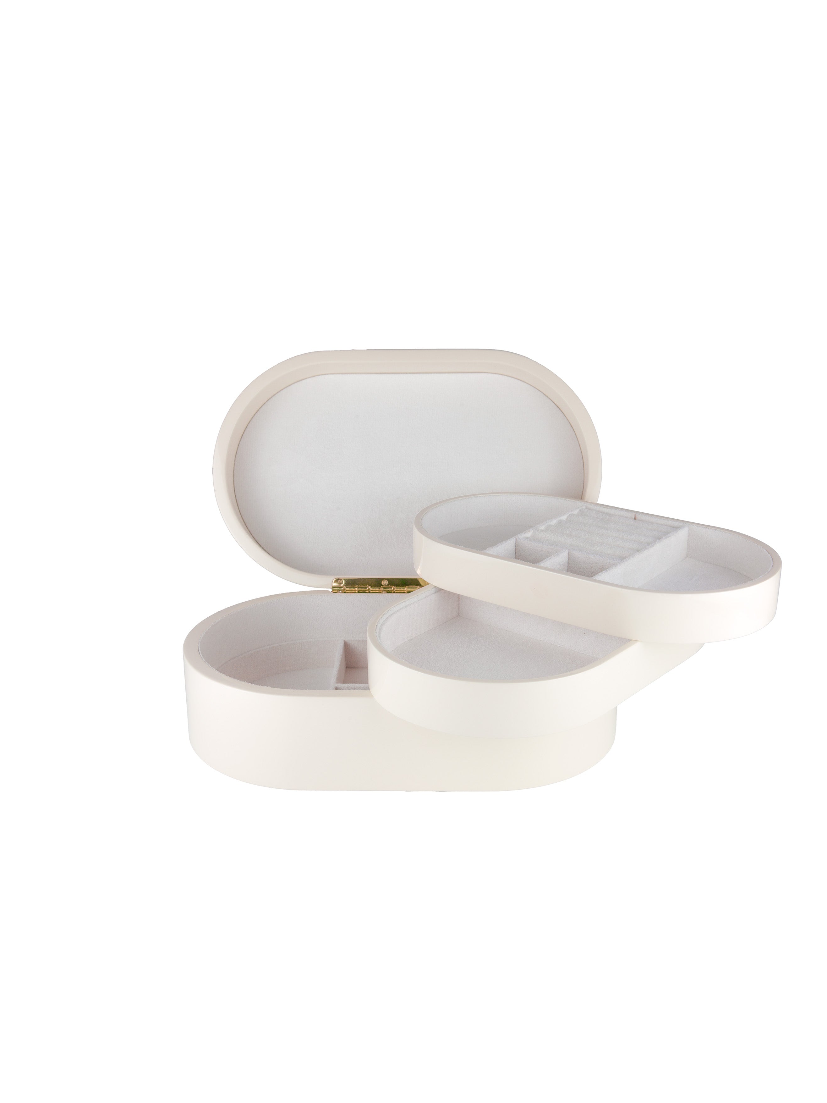 Vitt smyckeskrin från misou som är öppet med brickor